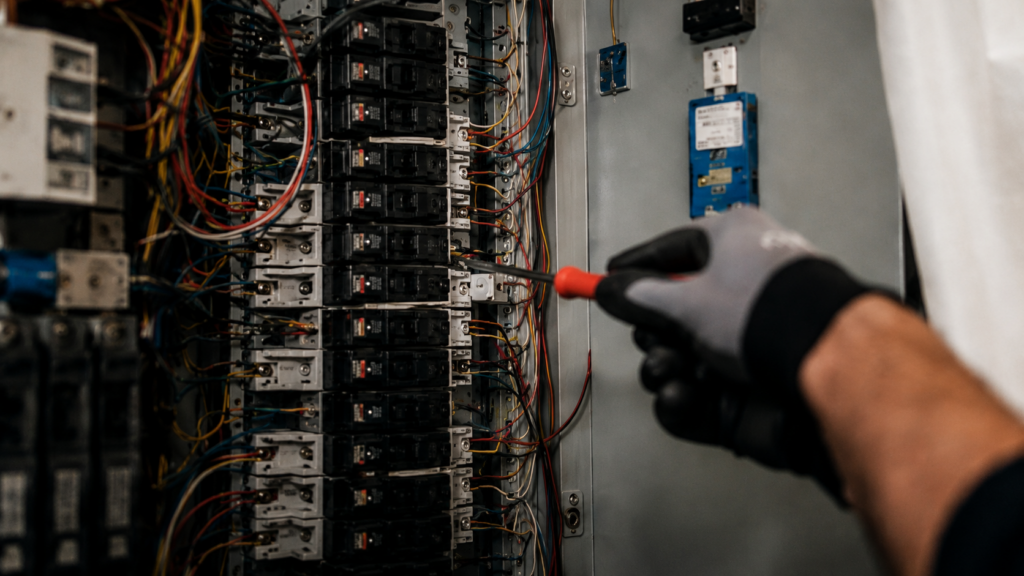 Electrician working inside an electrical panel